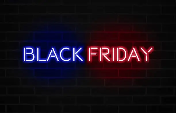 Photo of Black Friday text with bright red and blue neon font on blacked brick wall