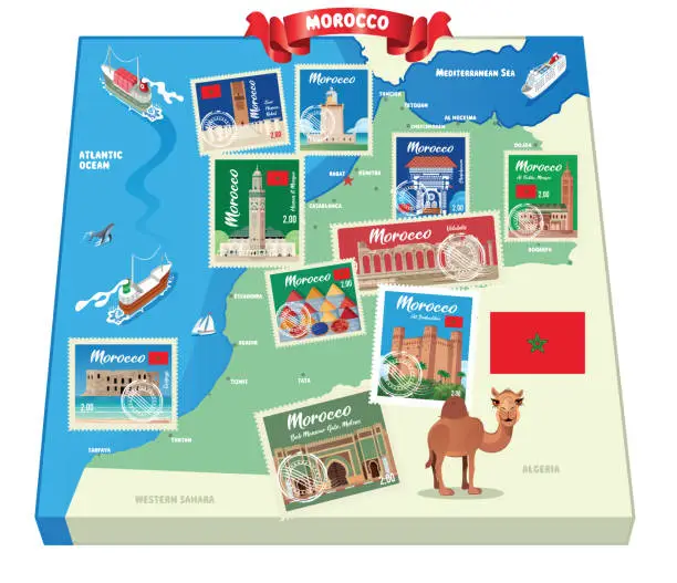 Vector illustration of Cortoon Map of MOROCCO, Casablanca, Rabat, Fes, Sale, Marrakesh, Agadir, Tangier, Meknes, Oujda-Angad, Al Hoceima, Kenitra, Tetouan, Temara, Safi, Mohammedia, Khouribga, Beni Mellal, Fes al Bali, El Jadid, Taza, Nador, Settat,