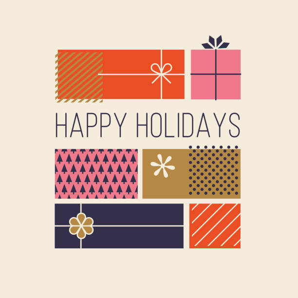 frohe feiertage grußkarten mit geschenk-boxen. - weihnachten modern stock-grafiken, -clipart, -cartoons und -symbole
