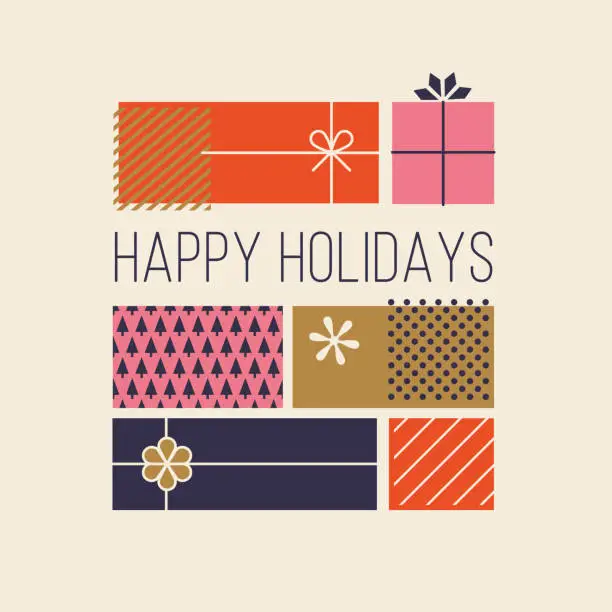 Vector illustration of Happy Holidays Greeting Cards with Gift Boxes.