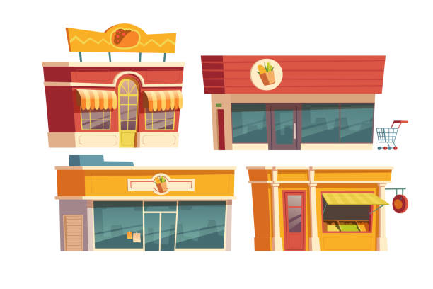ilustrações de stock, clip art, desenhos animados e ícones de fast food restaurant and shops building cartoon - fachada loja