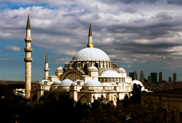 mosquée de suleymaniye d'istanbul sous le ciel bleu nuageux dans l'image rétro de modèle. - istanbul surrounding wall suleymanie mosque turkey photos et images de collection