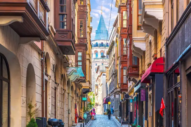Galata Tower in Istanbul, view from the narrow street.