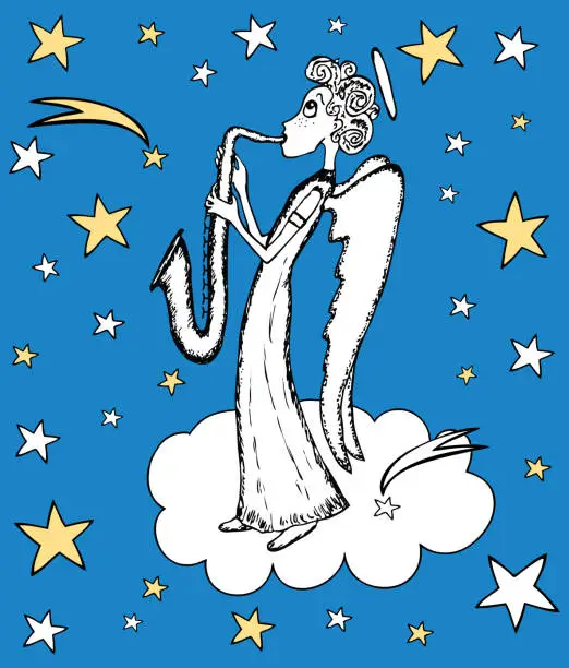 Vector illustration of Vector image of angel playing a trumpet in starry sky