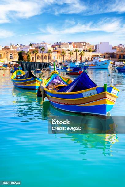 Malta Mediterranean Travel Destination Marsaxlokk Fishing Village Stock Photo - Download Image Now