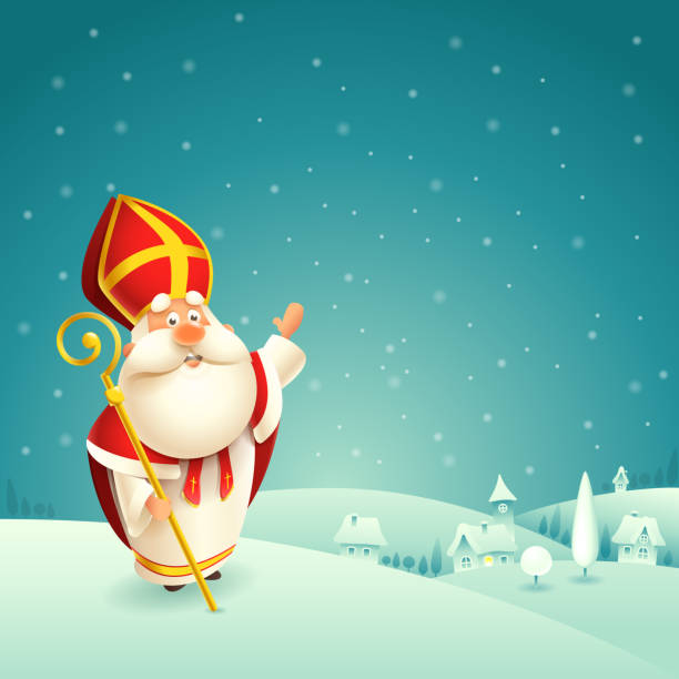 stockillustraties, clipart, cartoons en iconen met saint nicholas theme-winter besneeuwde nacht landschap achtergrond - sinterklaas mijter