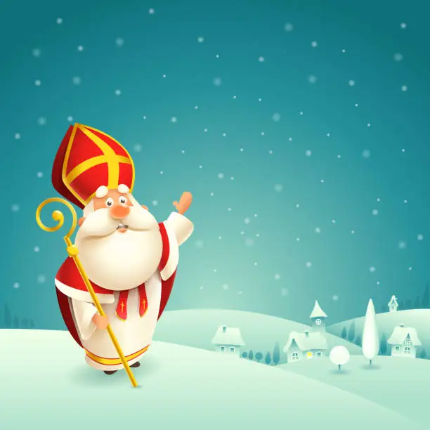 Vector illustration of Saint Nicholas theme - winter snowy night landscape background