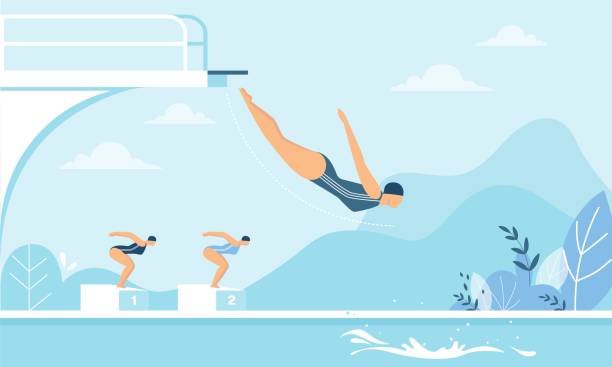 Women Taking Part in Diving Competition Cartoon Women Taking Part in High Diving Competition Race. Cartoon Female Diver Swimmer in Swimsuit Jumping from Trampoline, Board, Podium. Summer Individual Water Sport. Vector Flat Illustration diving into pool stock illustrations