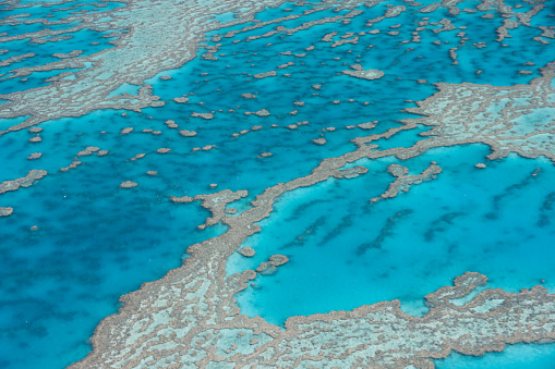Texture and pattern from coral reef formations under water surface. Shot during a scenic flight departing near airlie beach, passing whitsunday islands.