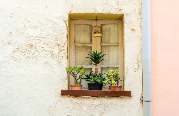 istock Window with lace curtains, flowers and artificial bird cage 1187414865