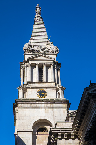 A view of the Tower of St. George's Bloomsbury located in London, UK.