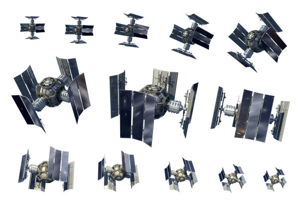 nave espacial no tripulada o orbitador por satélite con trayectoria de recorte - voyager nave espacial fotografías e imágenes de stock