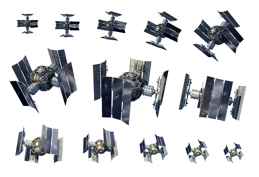 3D Illustration instances of an unmanned spacecraft or satellite orbiter isolated on white with the clipping path included in the file, for science fiction artwork or video game backgrounds.