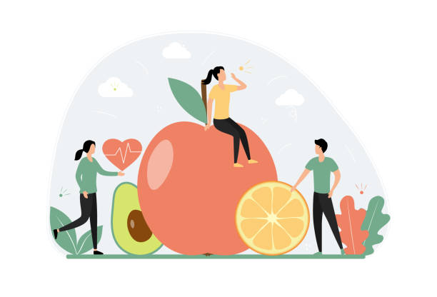 ilustrações de stock, clip art, desenhos animados e ícones de healthy eating concept. young tiny people are on a diet. vegetables and fruits, vegetarian. food for weight loss, health and sports. apple, avocado, orange. flat vector illustration. - weight apple loss weightloss
