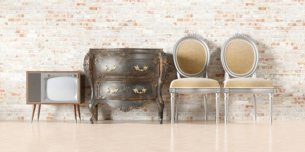Rustic interior with a vintage wall clock, wooden cabinet, brick wall accents and natural light from a window.
