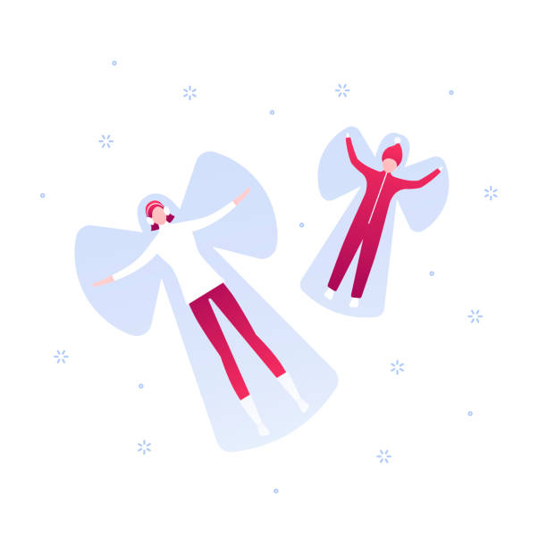 Vector flat christmas holiday winter people illustration. Woman and child couple playing snow angel on white. Outdoor family activity concept. Design element for banner, poster, web, infographic Vector flat Christmas holiday winter people illustration. Woman and child couple playing snow angel on white. Outdoor family activity concept. Design element for banner, poster, web, infographic snow angels stock illustrations