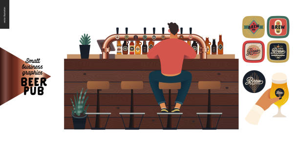 ilustrações de stock, clip art, desenhos animados e ícones de brewery, craft beer pub - small business graphics - a male visitor at the bar counter - bar bar counter pub beer