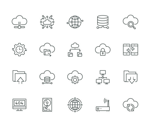 illustrazioni stock, clip art, cartoni animati e icone di tendenza di set di icone della linea di tecnologia dei dati cloud - internet symbol computer icon administrator