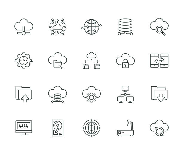 ilustrações de stock, clip art, desenhos animados e ícones de cloud data technology line icon set - communication global communications computer network symbol