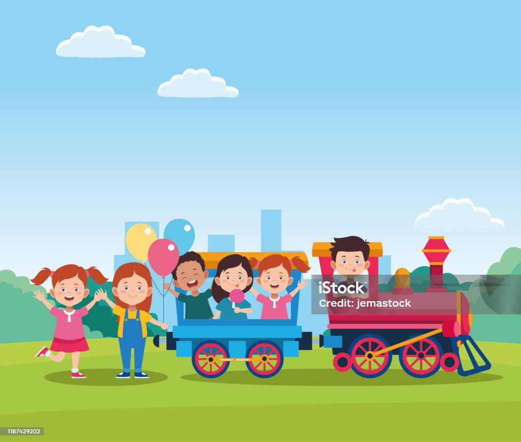 Ilustración de Feliz Diseño Del Día De Los Niños Con El Tren Con Los Niños  Felices De Dibujos Animados En Los Vagones y más Vectores Libres de  Derechos de Parque natural -