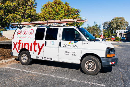 Oct 22, 2019 Santa Clara / CA / USA - Comcast Cable / Xfinity service stopped in a parking lot; Comcast is the largest home internet service provider in the United States