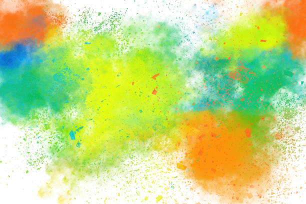 Powder Explosion on White Background - Holi Festival -  Orange Green Chartreuse - Exploding Colored Powder