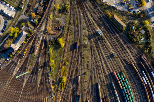 istock Top view of colorful cargo trains. 1187431494