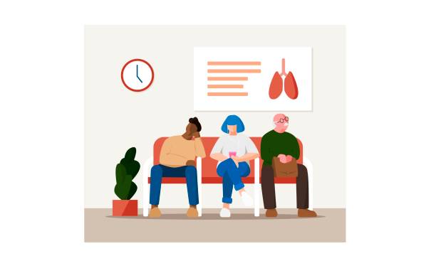 People waiting at hospital vector illustration People waiting at hospital vector illustration. Flat diverse characters - old man with eyeglasses, young woman with blue hair and cellphone, young African man. Medical healthcare concept. waiting room stock illustrations