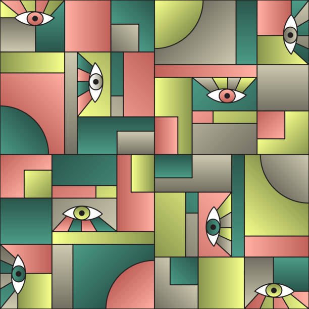 istock Flat pattern with eyes in geometric shapes grid 80s and 90s vintage fashion fabric print. 1187434005