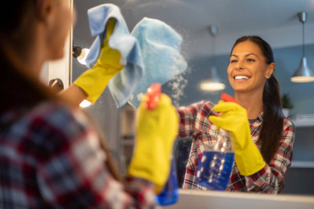 istock Smiling housewife is cleaning mirror. 1187435407