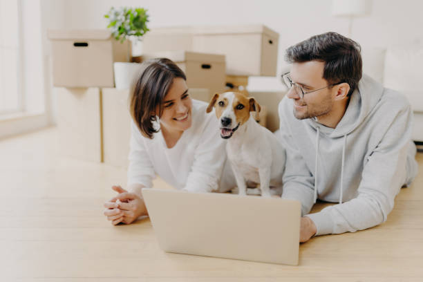 istock Lovely just married couple lie on floor, use laptop computer, creats design project for new house, their favourite dog poses between them, pile of cardboard boxes in background. Moving to new home 1187436030