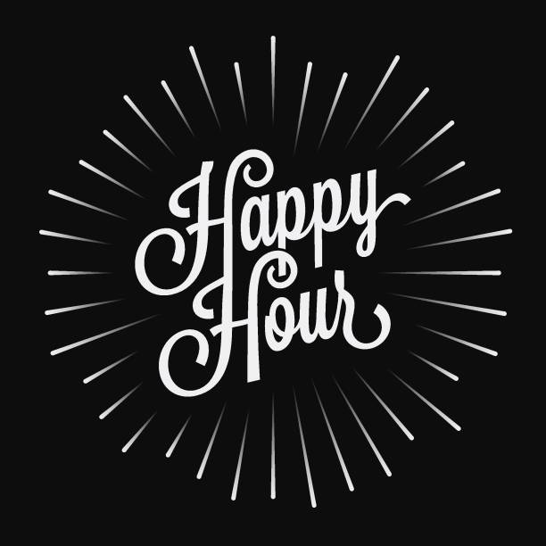 ilustraciones, imágenes clip art, dibujos animados e iconos de stock de happy hour letras vintage sobre fondo negro - hora feliz