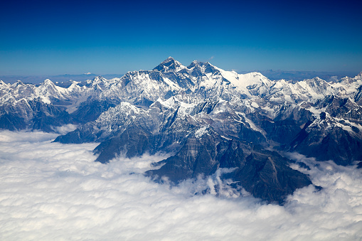 Mount Everest 8,848 m (29,029 ft) and the Himalayas, aerial photo, Nepal, Asia.
