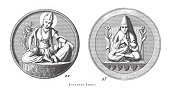 istock Japanese Idols, Religious Scenes, Symbols and Figures of China, Japan and Indonesia Engraving Antique Illustration, Published 1851 1187440877