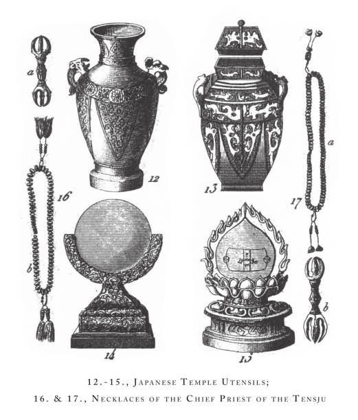 Japanese Temple Utensils, Necklaces of the Chief Chief Priest of the Temple, Priest of the Temple, High Priest of Japan, Buddhistic Priests, Religious Scenes, Symbols and Figures of China, Japan and Indonesia Engraving Antique Illustration, Published 1851 Japanese Temple Utensils, Necklaces of the Chief Chief Priest of the Temple, Priest of the Temple, High Priest of Japan, Buddhistic Priests, Religious Scenes, Symbols and Figures of China, Japan and Indonesia Engraving Antique Illustration, Published 1851., Source: Original edition from my own archives. Copyright has expired on this artwork. Digitally restored. brahma illustrations stock illustrations