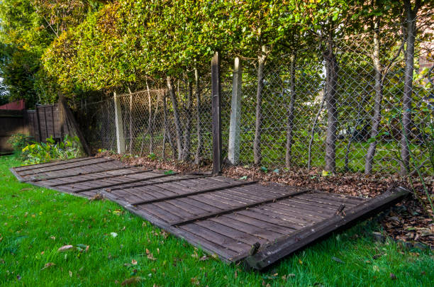 istock Collapsed Broken Garden Yard Panel Fence Hedge Storm Wind Damage 1187450082