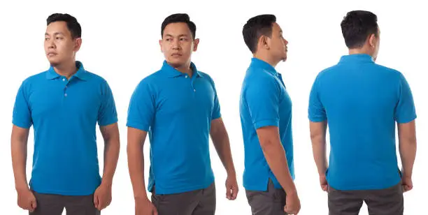 Blank collared shirt mock up template, front and back view, Asian male model wearing plain blue t-shirt isolated on white. Polo tee design mockup presentation for print.