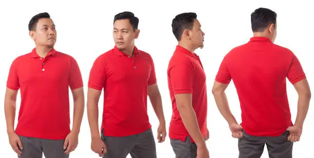 Blank collared shirt mock up template, front and back view, Asian male model wearing plain red t-shirt isolated on white. Polo tee design mockup presentation for print.