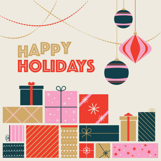 happy holidays postkarte - weihnachtskarte - geschenk stock-grafiken, -clipart, -cartoons und -symbole