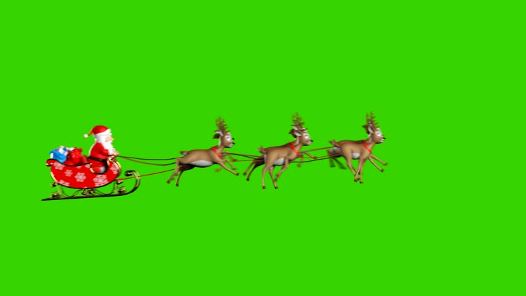 Santa Claus on a Reindeer Sleigh Flying on a Green Background