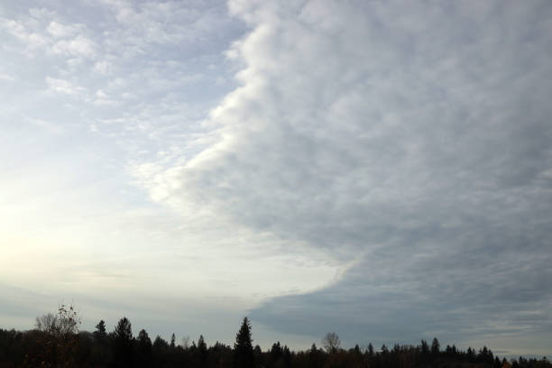 Clouds moving above a flood plain in Langley, British Columbia. Autumn morning in the Fraser Valley.