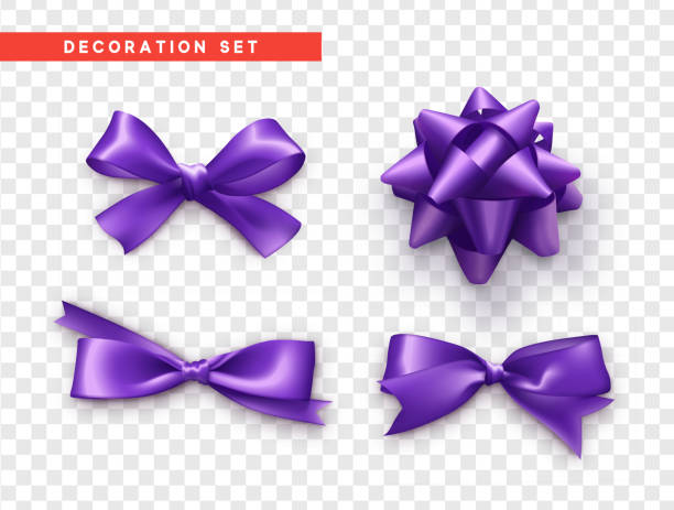 ilustraciones, imágenes clip art, dibujos animados e iconos de stock de arcos púrpura diseño realista. arcos de regalo aislados con cintas. - purple ribbon