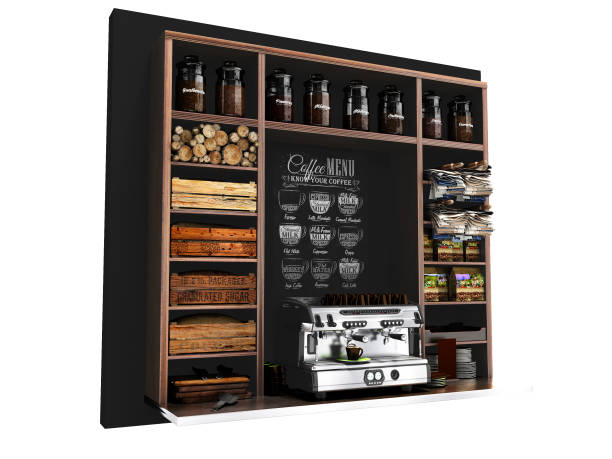 istock Concept coffee shelf with glass jars with coffee coffee machine tea for sale coffee 3d render on white background no shadow 1187458713