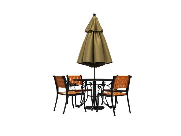 istock Closed umbrella for restaurant on central pillar with round table 3D render on white background no shadow 1187459523