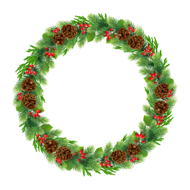 istock Green conifer Christmas decoration in a traditional style. Fir branches and red rosehip berries with pine cones. EPS 10 1187459682