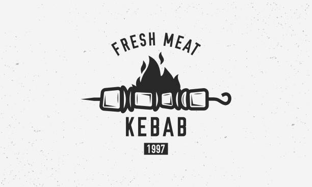 Vintage kebab logo template. Kebab or shashlik on skewer with fire flame isolated on white background. Vector illustration Vector illustration bbq logos stock illustrations