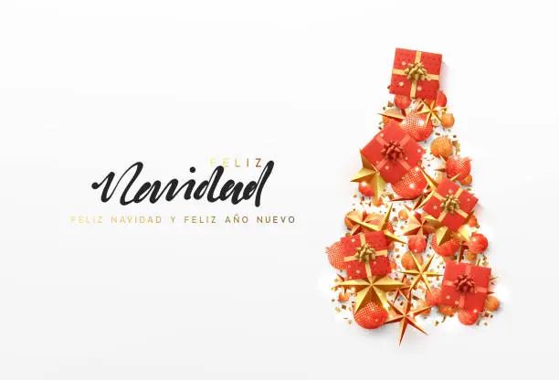 Vector illustration of Spanish text Feliz Navidad. Christmas greeting card.