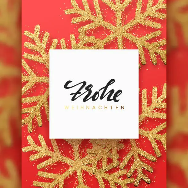 Vector illustration of German text Frohliche Weihnachten. Christmas background with Shining gold Snowflakes.