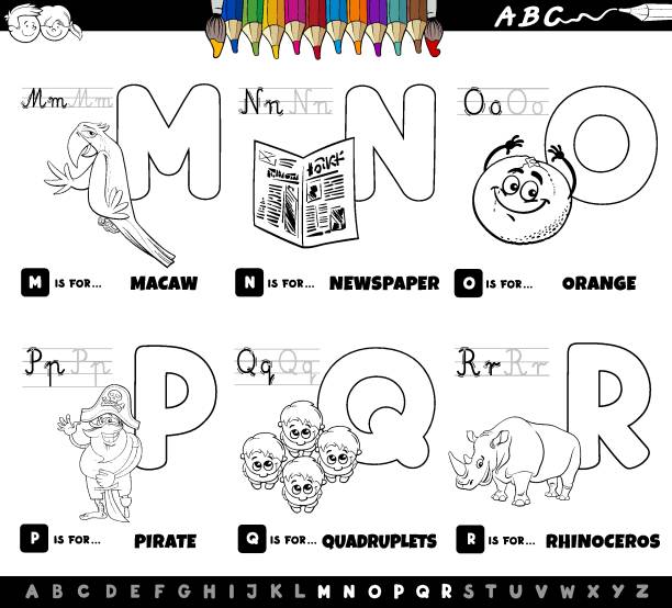 pädagogische alphabet buchstaben set malbuch - letter m alphabet food fruit stock-grafiken, -clipart, -cartoons und -symbole