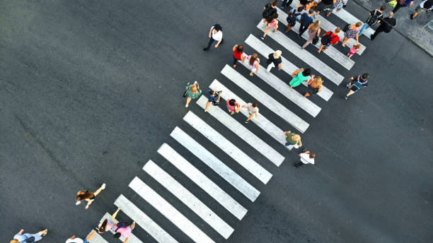 aérea. gente cruzando paso de peatones. vista superior. - crossing zebra crossing crosswalk street fotografías e imágenes de stock